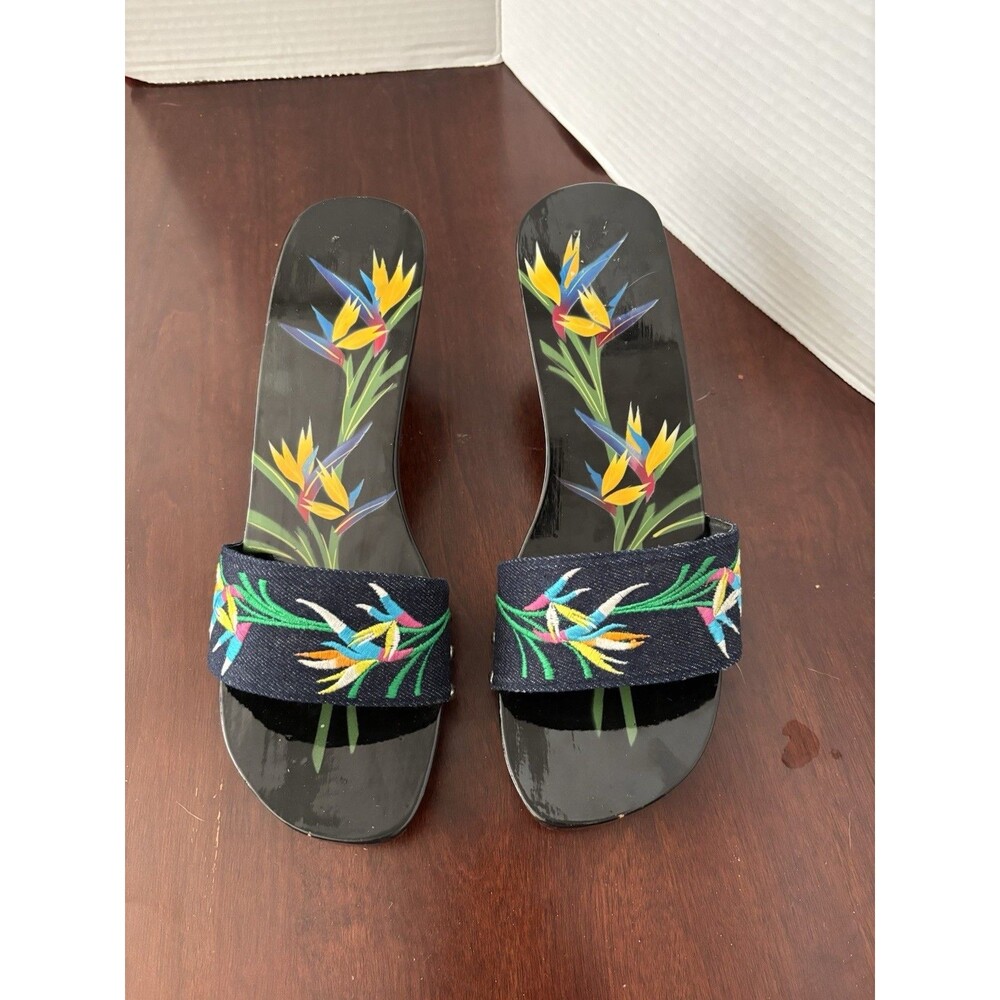 Black Patent Leather Painted Bird of Paradise Platform slip on Sandals Sze 9